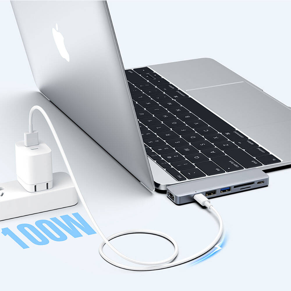 Recci RH08 Type-C to Type-C + SD/TF + USB3.0 + USB2.0 + HDMI + Thunderbolt 3 Bağlantılı 7in2 Hub