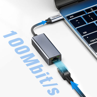 Recci RH10 RJ45 to Type-C Ethernet Dönüştürücü Kablo 100Mbps 80mm Gri