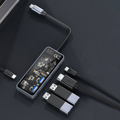 Recci RH16 Type-C to Type-C PD100W + USB3.0 + HDMI + Type-C Bağlantılı 5in1 Hub Gri