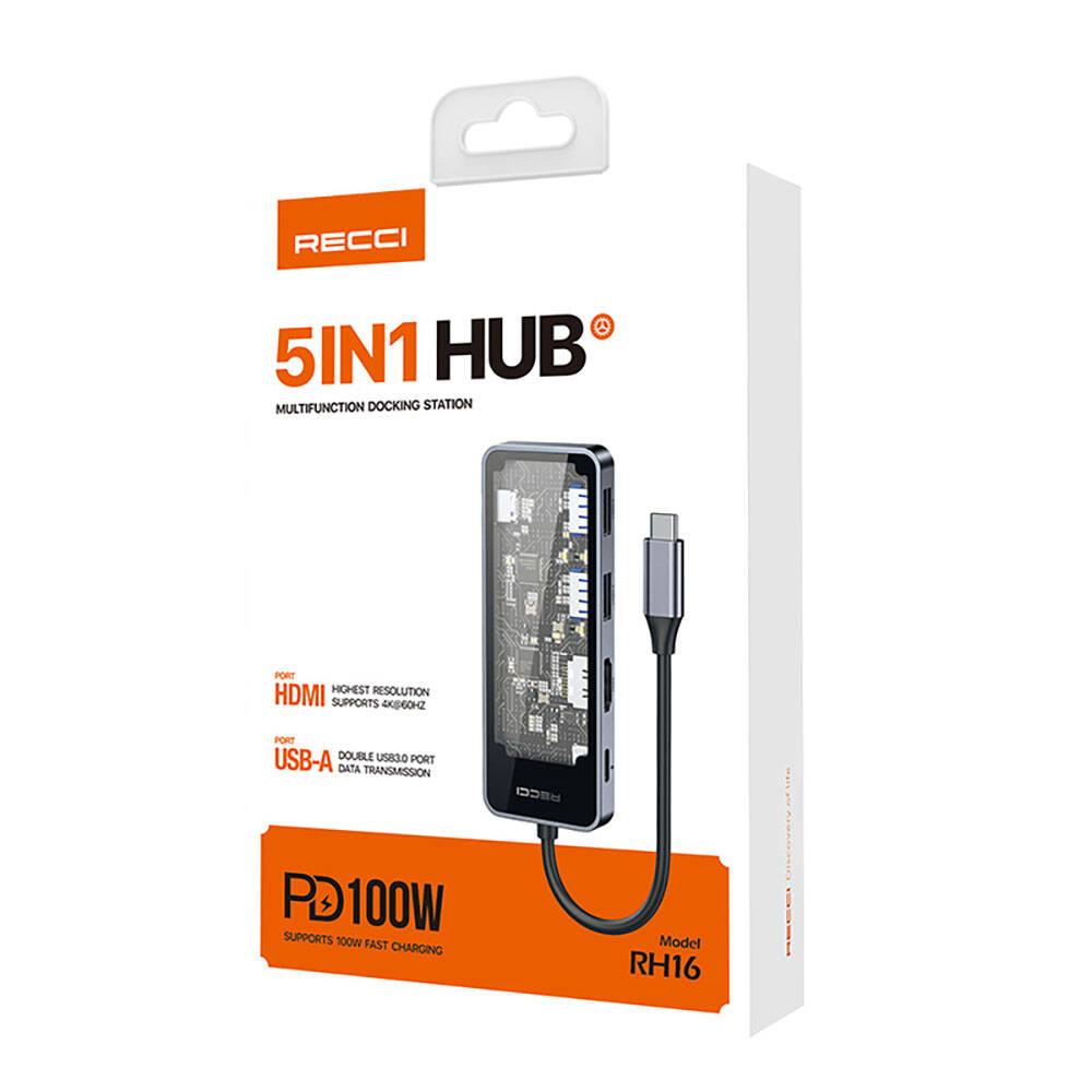 Recci RH16 Type-C to Type-C PD100W + USB3.0 + HDMI + Type-C Bağlantılı 5in1 Hub