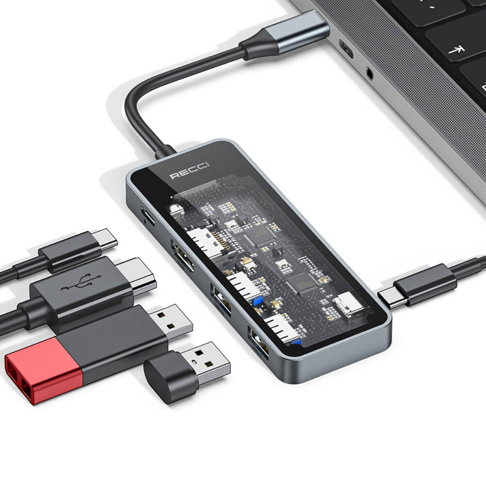 Recci RH16 Type-C to Type-C PD100W + USB3.0 + HDMI + Type-C Bağlantılı 5in1 Hub