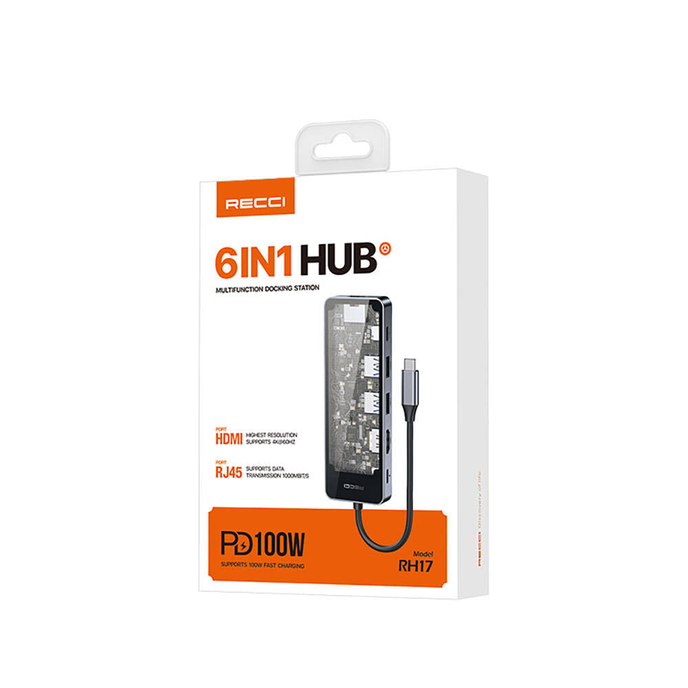 Recci RH17 Type-C to Type-C PD100W + USB3.0 + HDMI + Type-C + RJ45 Bağlantılı 6in1 Hub