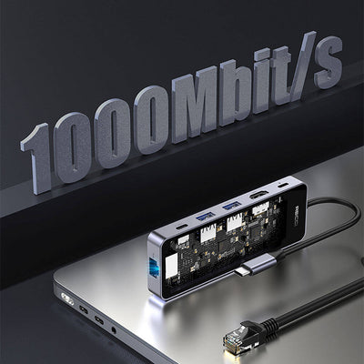 Recci RH17 Type-C to Type-C PD100W + USB3.0 + HDMI + Type-C + RJ45 Bağlantılı 6in1 Hub Gri