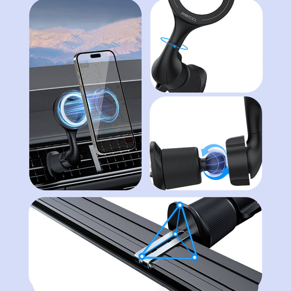Recci RHO-C42 Magsafe Magnetik 360° Dönebilen Havalandırma Tasarım Araç Telefon Tutucu Siyah