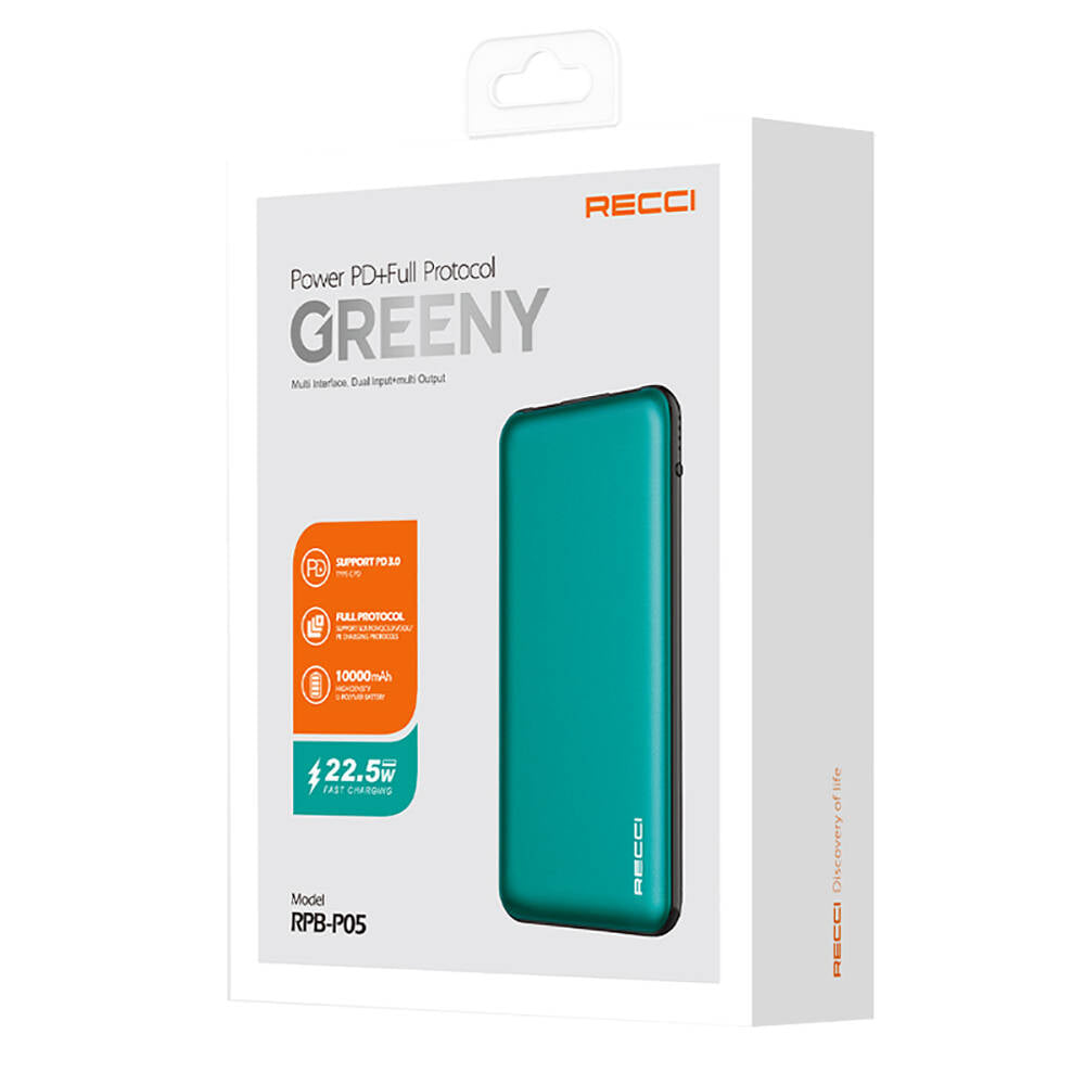 Recci RPB-P05 Greeny Serisi LED Işık Göstergeli Hızlı Şarj Özellikli Taşınabilir Powerbank 22.5W 10000mAh