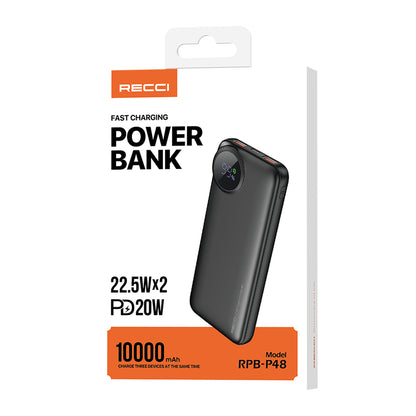 Recci RPB-P48 PD 20W Dijital LED Göstergeli Hızlı Şarj Özellikli Taşınabilir Powerbank 22.5W 10000mAh