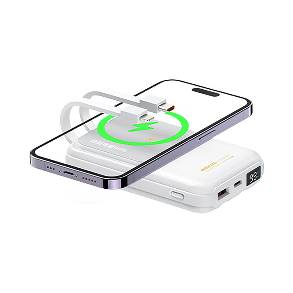 Recci RPB-W10 Polaris Serisi Çift Kablolu LED Dijital Göstergeli Wireless Powerbank 15W 10000mAh Beyaz