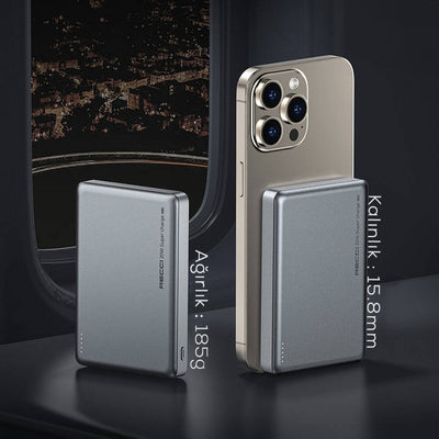 Recci RPB-W26 Armor Serisi Ultra İnce PD 20W Hızlı Şarj Özellikli Wireless Powerbank 15W 10000mAh Gri