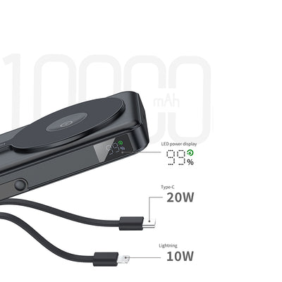 Recci RPB-W27 Galaxy Serisi Dijital LED Göstergeli Kablosuz Şarj Özellikli Type-C ve Lightning Kablolu Powerbank 20W 10.000mAh Siyah