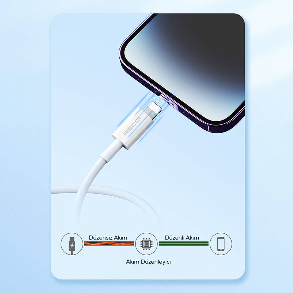Recci RS06CL Type-C to Lightning PD 20W Hızlı Şarj Özellikli Data ve Şarj Kablosu 1M Beyaz