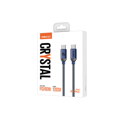 Recci RS09CCPD Crystal Serisi 100W Hızlı Şarj Özellikli Type-C To Type-C PD Kablo 1.2M Mavi