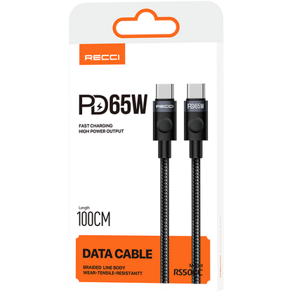 Recci RS50CC Type-C to Type-C PD Örgü Tasarımlı Hızlı Şarj Özellikli Data ve Şarj Kablosu 65W 1M