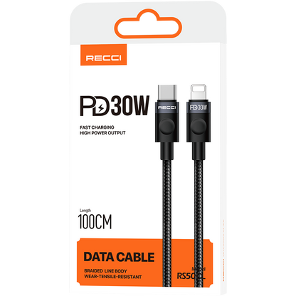 Recci RS50CL Type-C to Lightning PD Örgü Tasarımlı Hızlı Şarj Özellikli Data ve Şarj Kablosu 30W 1M