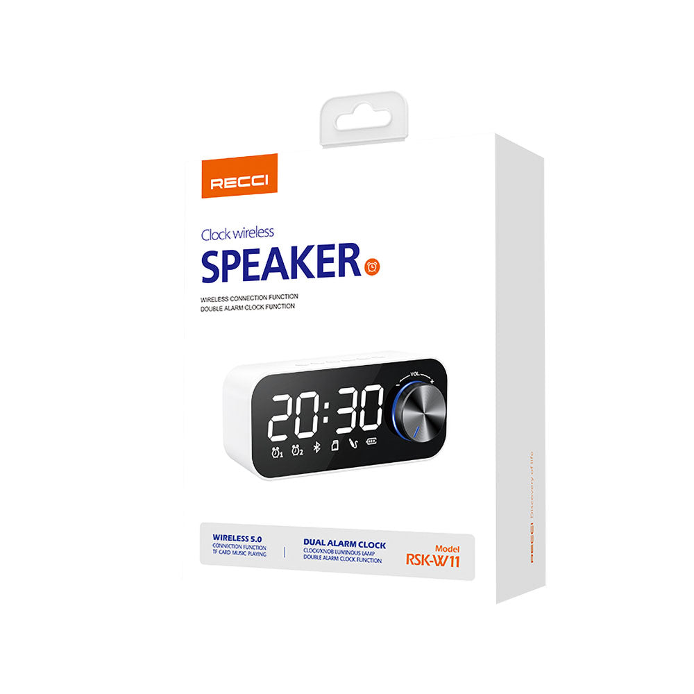 Recci RSK-W11 FM/TF Çift Alarmlı Dijital Saatli Wireless Bluetooth 5.0 Speaker Hoparlör 3W 1200mAh Beyaz