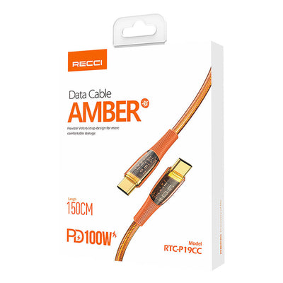 Recci RTC-P19CC Amber Serisi Type-C to Type-C PD 100W Şeffaf Tasarım Şarj ve Data Kablosu 1.5M Turuncu