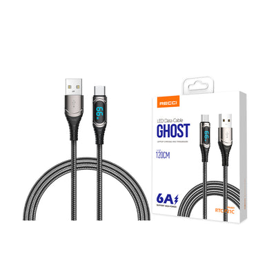 Recci RTC-P21C Ghost Serisi 66W 6A Hızlı Şarj Özellikli USB-A To Type-C Kablo 1.2M Siyah