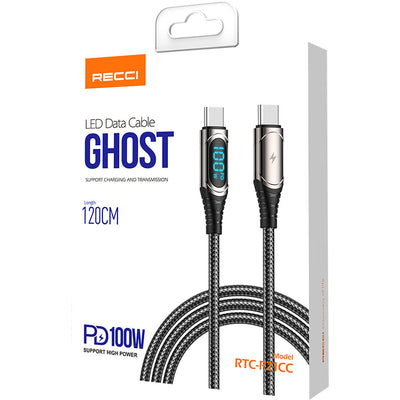 Recci RTC-P21CCPD Ghost Serisi 100W Hızlı Şarj Özellikli Type-C To Type-C PD Kablo 1.2M Siyah