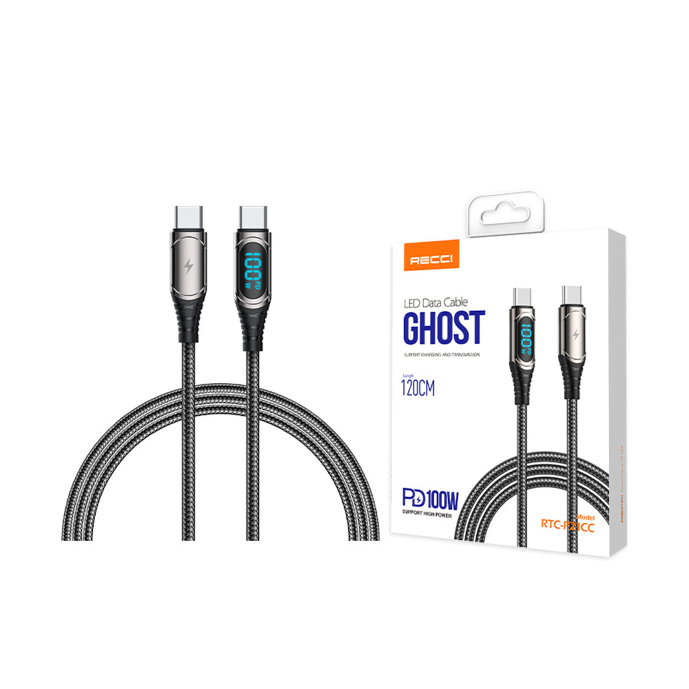 Recci RTC-P21CCPD Ghost Serisi 100W Hızlı Şarj Özellikli Type-C To Type-C PD Kablo 1.2M Siyah