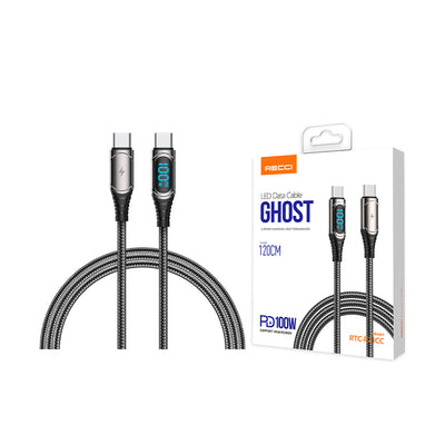 Recci RTC-P21CCPD Ghost Serisi 100W Hızlı Şarj Özellikli Type-C To Type-C PD Kablo 1.2M Siyah