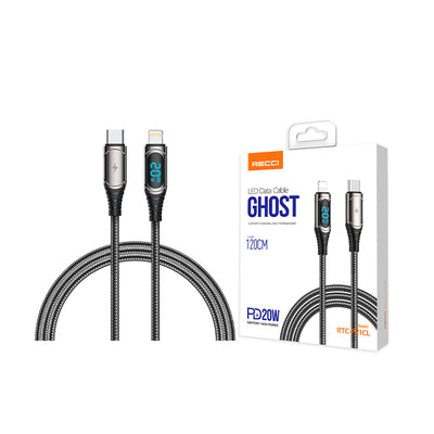 Recci RTC-P21CLPD Ghost Serisi 20W Hızlı Şarj Özellikli Type-C To Lightning PD Kablo 1.2M Siyah