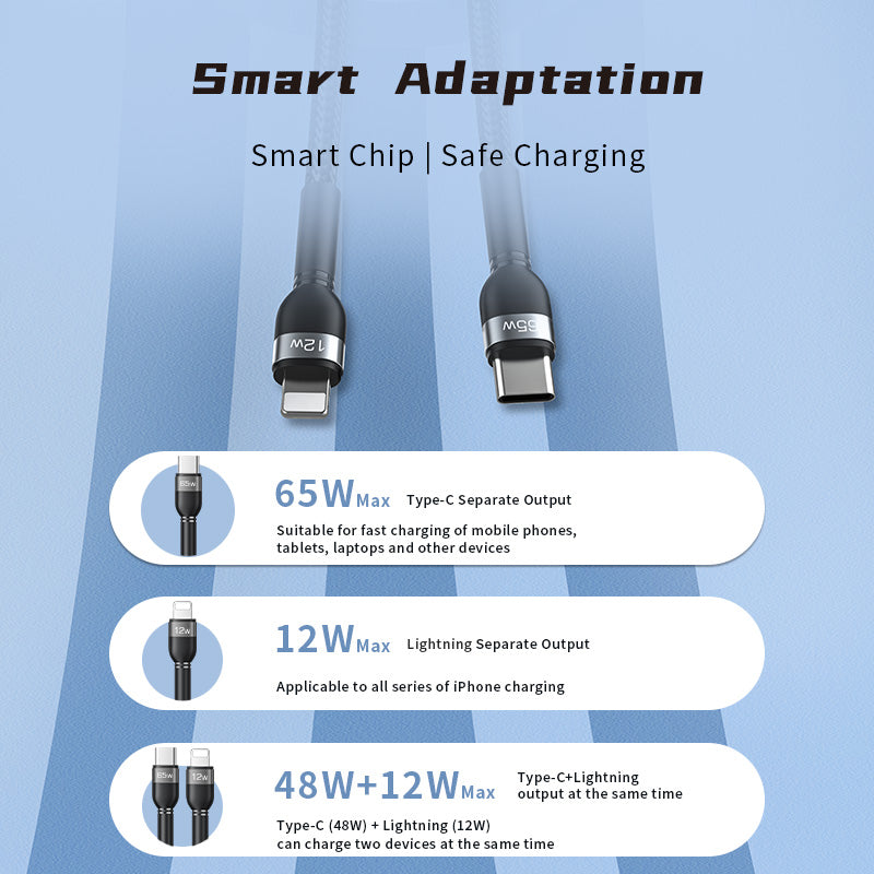 Recci RTC-T16 2 in 1 65W PD Hızlı Şarj Özellikli Lightning ve Type-C To Type-C PD Kablo 1.2M