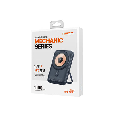 Recci W08 Metal Standlı 15W Magsafe Şarj Özellikli 20W PD Hızlı Şarj Powerbank 10000mAh Siyah