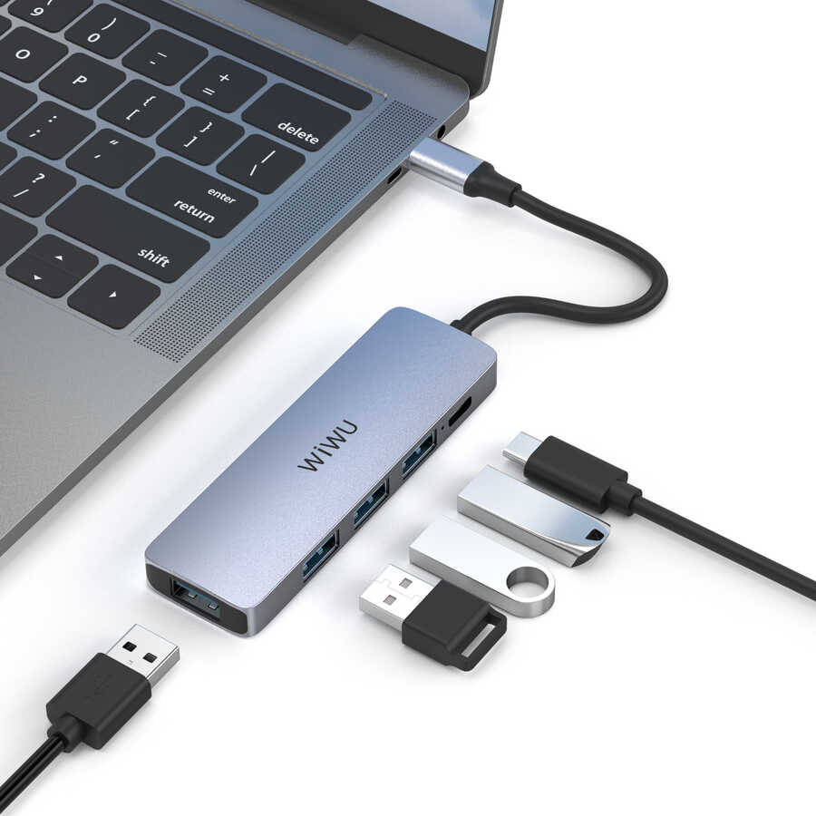 Wiwu Alpha A541BC 5 in 1 Type-C Hub 60W Pd Şarj Destekli Usb Çoğaltıcı Gri