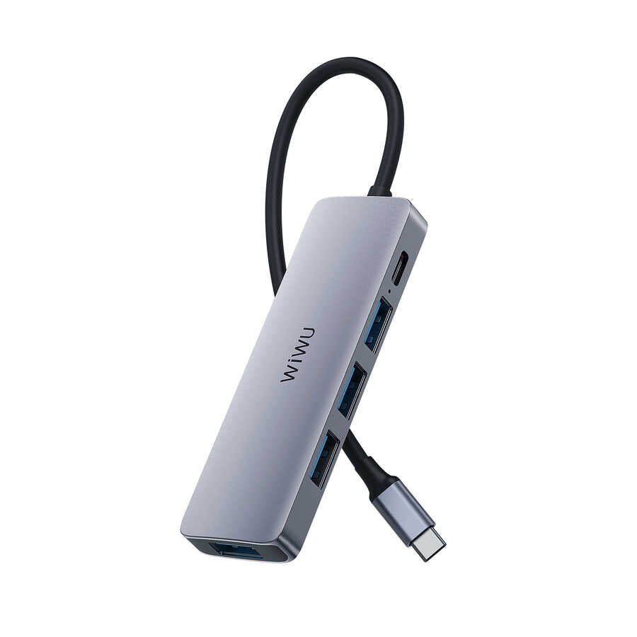 Wiwu Alpha A541BC 5 in 1 Type-C Hub 60W Pd Şarj Destekli Usb Çoğaltıcı Gri