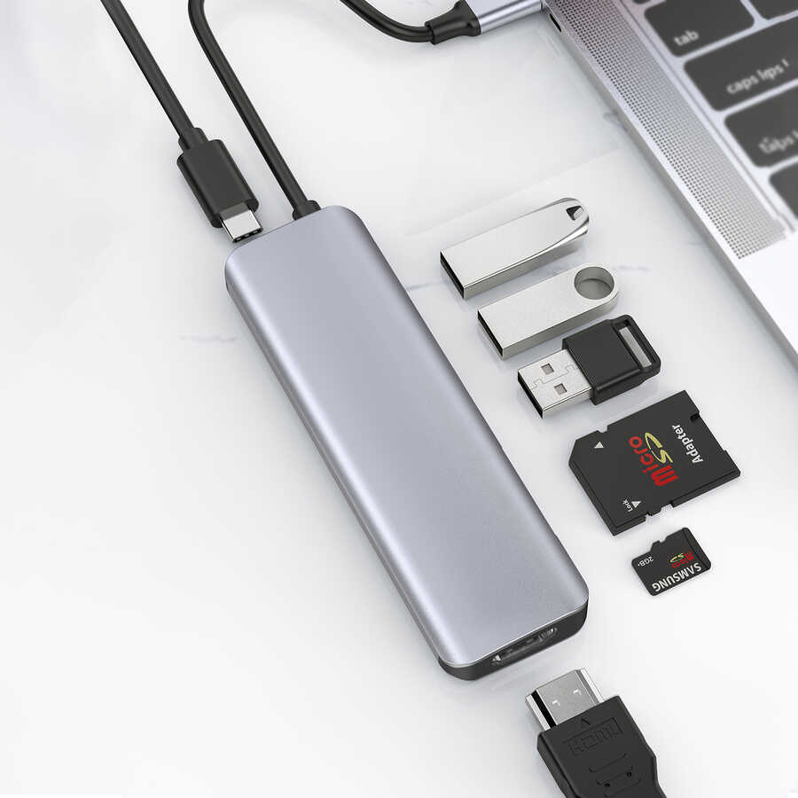 Wiwu Alpha A731HC 7 in 1 Type-C Hub 100W Şarj Destekli SD Kart-Hdmi-Usb Çoğaltıcı Gri