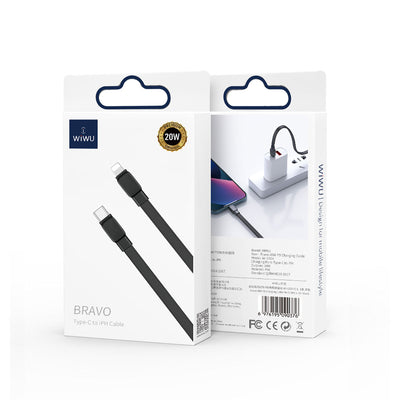 Wiwu Bravo Wİ-C004 Yassı Tasarım 20W Hızlı Şarj Özellikli Type-C to Lightning PD Kablo 1M Siyah