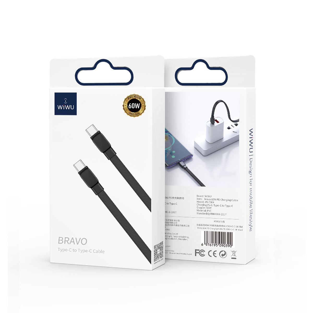 Wiwu Bravo Wİ-C004 Yassı Tasarım 60W Hızlı Şarj Özellikli Type-C To Type-C PD Kablo 1M Siyah