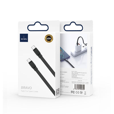 Wiwu Bravo Wİ-C004 Yassı Tasarım 60W Hızlı Şarj Özellikli Type-C To Type-C PD Kablo 1M Siyah