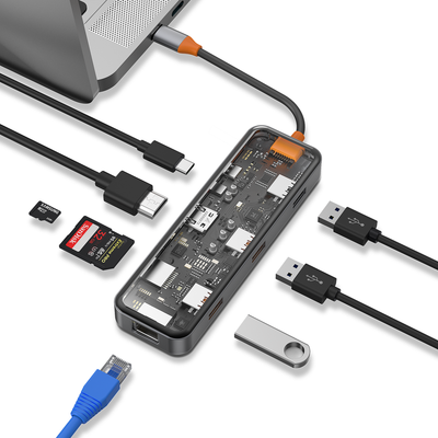 Wiwu CB008 Cyber 8 in 1 Type-C Hub 100W Şarj Destekli Şeffaf Görünümlü SD Kart-RJ45-Hdmi-Usb Çoğaltıcı Gri