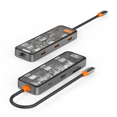 Wiwu CB008 Cyber 8 in 1 Type-C Hub 100W Şarj Destekli Şeffaf Görünümlü SD Kart-RJ45-Hdmi-Usb Çoğaltıcı Gri