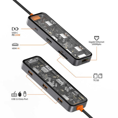 Wiwu CB008 Cyber 8 in 1 Type-C Hub 100W Şarj Destekli Şeffaf Görünümlü SD Kart-RJ45-Hdmi-Usb Çoğaltıcı Gri