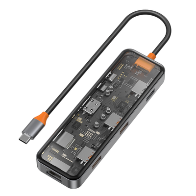 Wiwu CB008 Cyber 8 in 1 Type-C Hub 100W Şarj Destekli Şeffaf Görünümlü SD Kart-RJ45-Hdmi-Usb Çoğaltıcı Gri