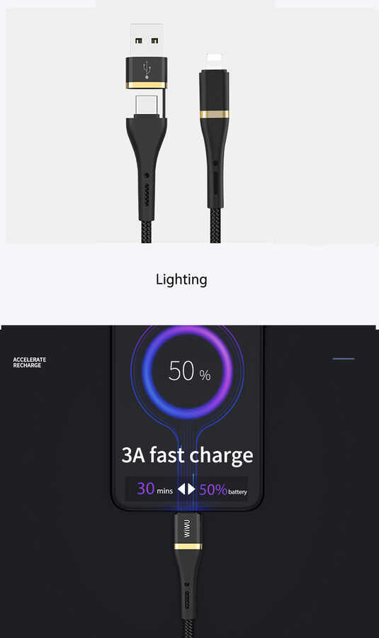 Wiwu ED-105 2 in 1 USB A- Type-C to Lightning Elite Data Kablo Siyah