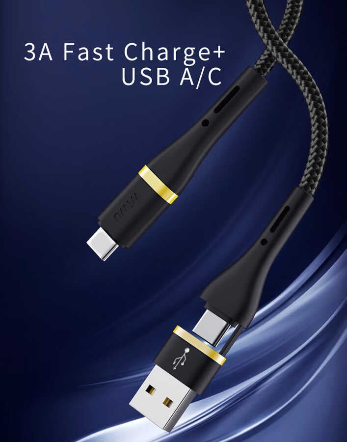 Wiwu ED-106 2 in 1 USB A- Type-C to Type-C Elite Data Kablo Siyah
