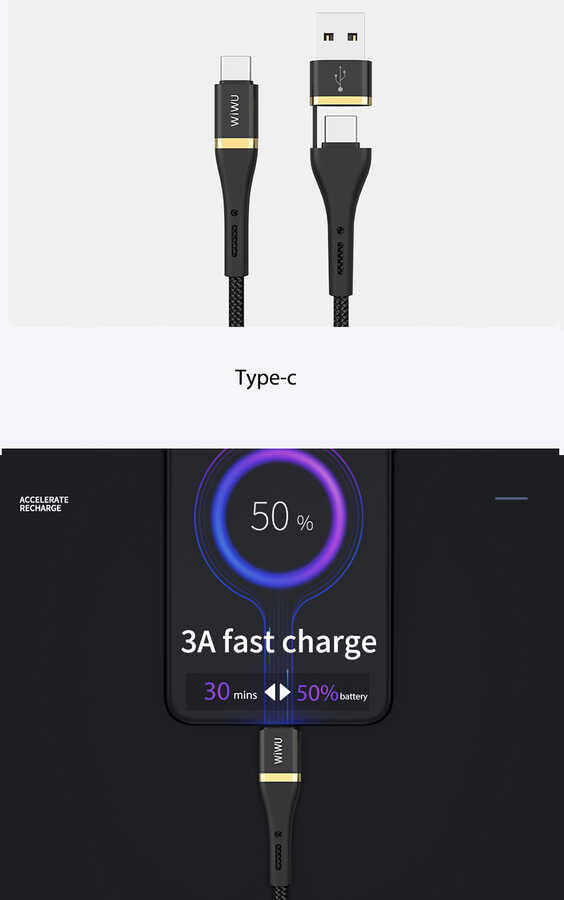 Wiwu ED-106 2 in 1 USB A- Type-C to Type-C Elite Data Kablo Siyah