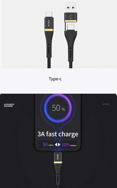 Wiwu ED-106 2 in 1 USB A- Type-C to Type-C Elite Data Kablo Siyah
