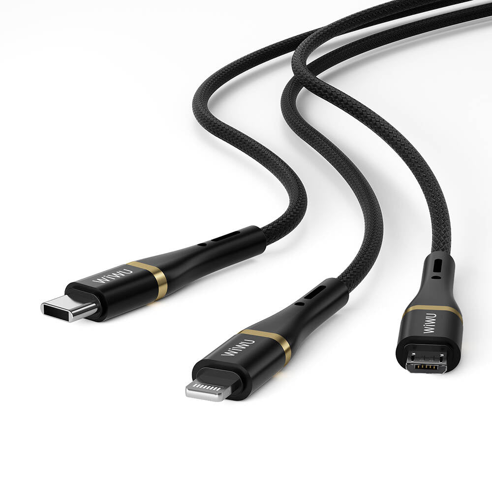 Wiwu Wi-C024 Elite Serisi 3in1 Type-C to Lightning – Type-C – Micro USB Ultra Hızlı Şarj Kablosu 100W 1.2M Siyah