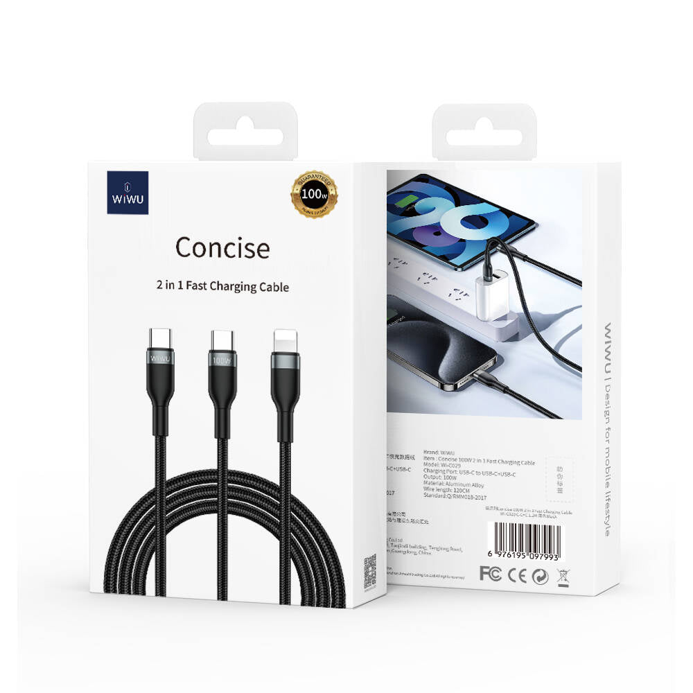Wiwu Wi-C029 Concise Serisi 2in1 Type-C to Lightning PD Data ve Şarj Kablosu 100W 1.2M Gri