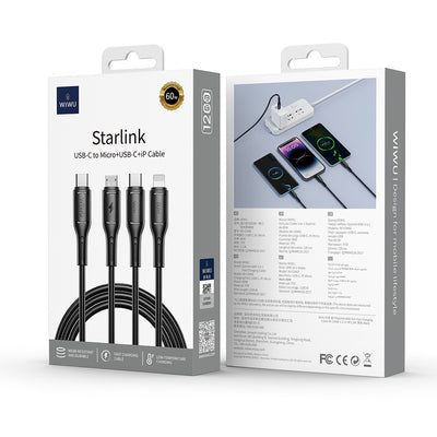 Wiwu Wi-C046E Starlink Serisi 3in1 USB-A to Lightning – Type-C – Micro Şarj ve Data Kablosu 60W 1.2M Beyaz