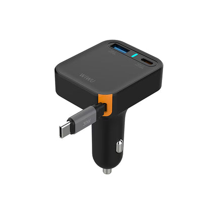 Wiwu Wi-CC033 Type-C + USB-A Hızlı Şarj Özellikli Akım Korumalı Dahili Kablolu Araç Şarj Aleti 65W