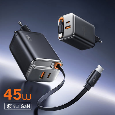 Wiwu Wi-G021 Helix Serisi GaN Teknolojili Hızlı Şarj Başlığı USB-A to Type-C PD 45W Type-C Kablolu Şarj Seti Siyah