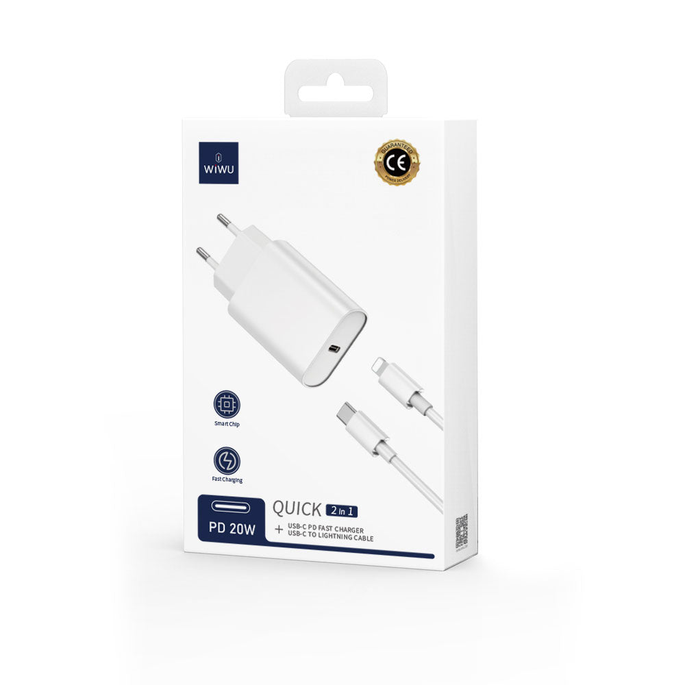 Wiwu Wi-U001 Quick 20W Tek Bağlantılı Şarj Başlığı Type-C to Lightning PD 20W Kablolu Şarj Seti Beyaz