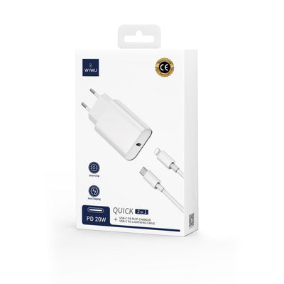 Wiwu Wi-U001 Quick 20W Tek Bağlantılı Şarj Başlığı Type-C to Lightning PD 20W Kablolu Şarj Seti Beyaz