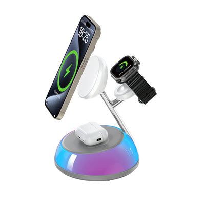 Wiwu Wi-W036 Qi2 3 in 1 Magnetik Hızlı Şarj Özellikli Ambiyans Işıklı Kablosuz Şarj Standı 15W Beyaz