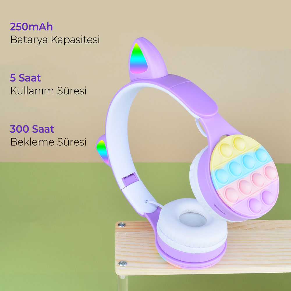 Zore B30 RGB Led Işıklı Kedi Kulağı Band Tasarımı Ayarlanabilir Katlanabilir Kulak Üstü Bluetooth Kulaklık Pembe