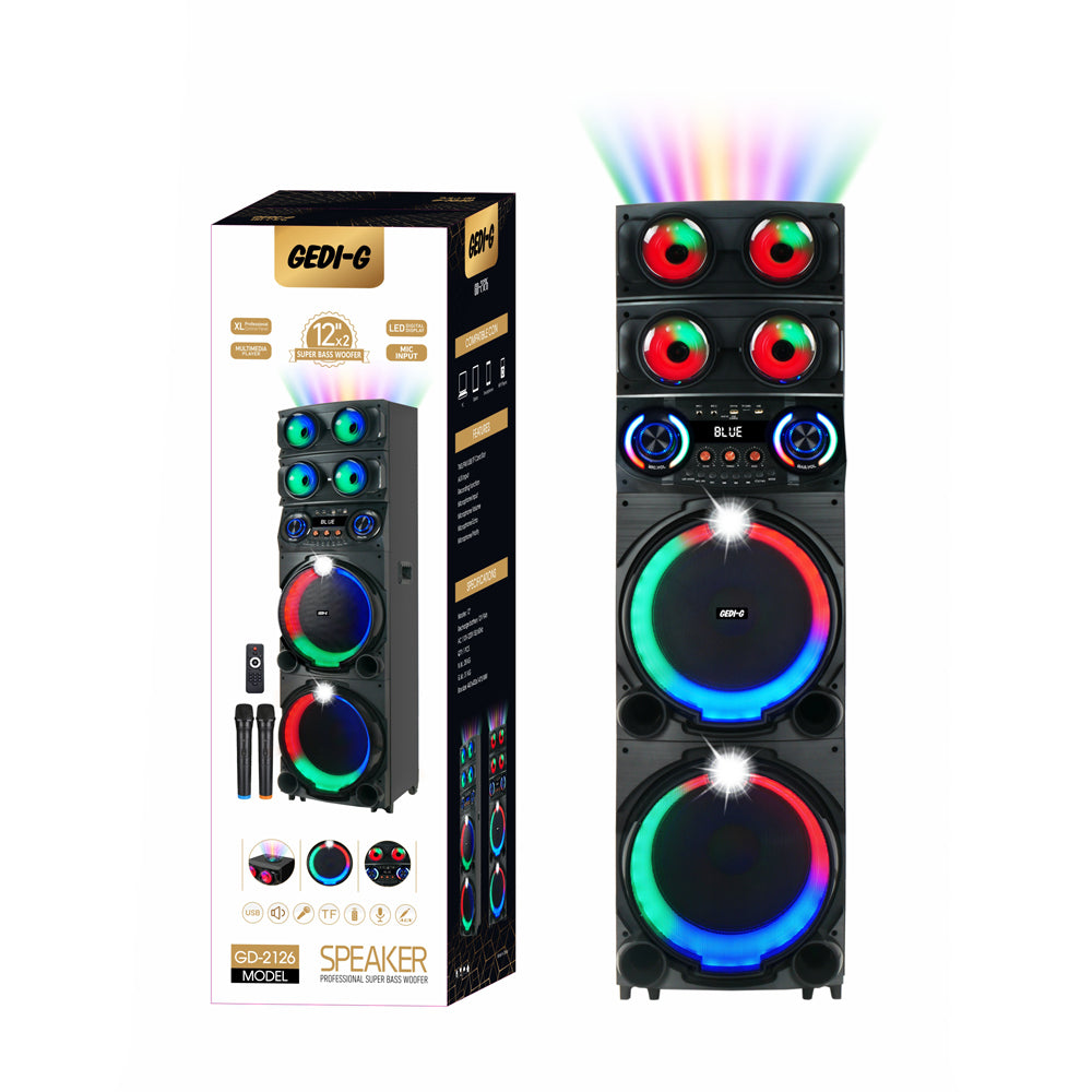 Zore GD-2126 Dijital LED Göstergeli FM Radyolu Mikrofonlu RGB TWS Çift 12 inç Stereo Bass Kablosuz Karaoke Hoparlör